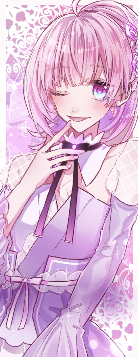 1girl, aiaiharuharu, blue_eyes, blush, border, cendrillon_palika, detached_sleeves, dress