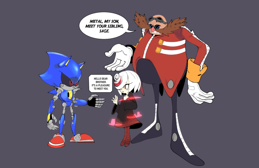 1boy, 1girl, animal_ears, bald, black_dress, black_sclera, blue-tinted_eyewear, colored_sclera, dr._eggman, dress, facial_hair, fake_claws, family, father_and_daughter, father_and_son, full_body, furry, furry_male, glasses, glitch, gloves, goggles, hair_over_one_eye, highres, illymarket, jacket, long_sleeves, metal_sonic, multicolored_hair, mustache, one_eye_covered, red_eyes, redhead, robot, round_eyewear, sage_(sonic), shoes, short_hair, siblings, sonic_(series), sonic_frontiers, spoilers, streaked_hair, teeth, tinted_eyewear, white_gloves, white_hair, wide_sleeves