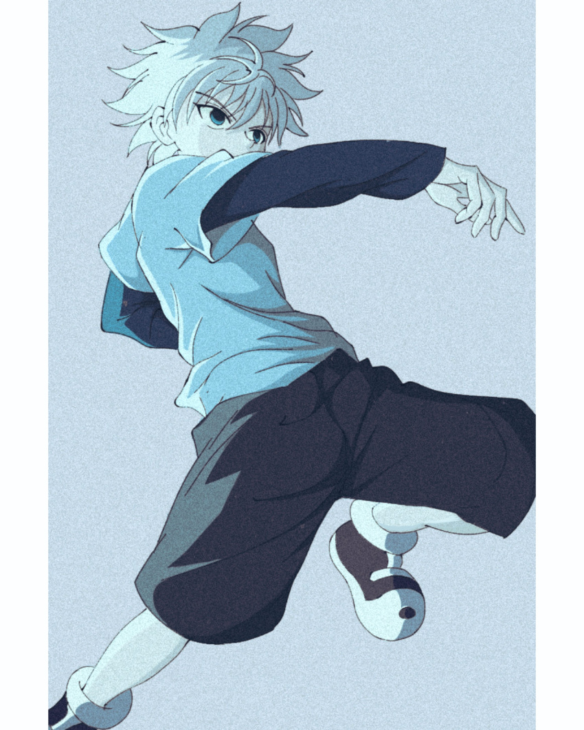 1boy, absurdres, bangs, blue_shirt, empty_eyes, enoki_(gongindon), from_below, highres, hunter_x_hunter, jumping, killua_zoldyck, long_sleeves, male_child, male_focus, messy_hair, purple_shorts, shirt, shoes, shorts, simple_background, solo, spiky_hair, t-shirt, white_hair, white_shirt
