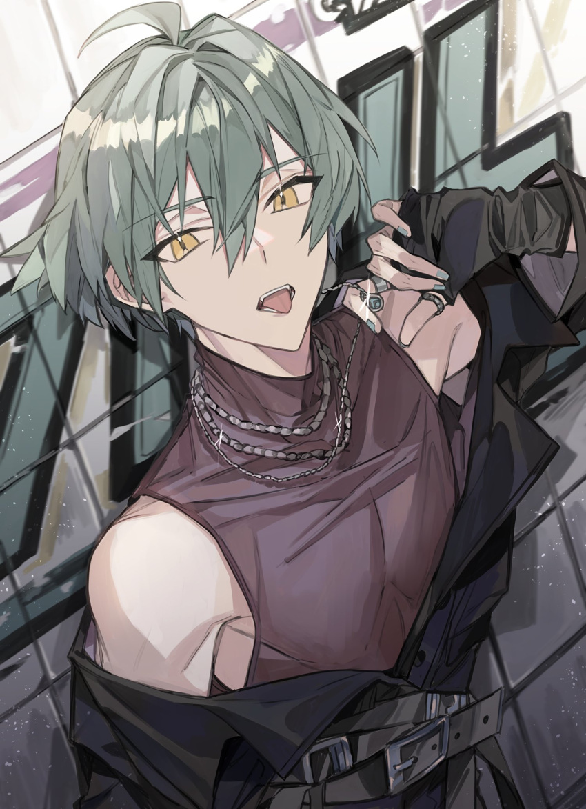 1boy, ahoge, aqua_hair, belt, black_jacket, highres, idolish7, isumi_haruka, jacket, jacket_partially_removed, jewelry, long_sleeves, looking_at_viewer, looking_up, male_focus, red_shirt, ring, shirt, short_hair, sleeveless, solo, tamotui7, teeth, tongue, tongue_out, yellow_eyes