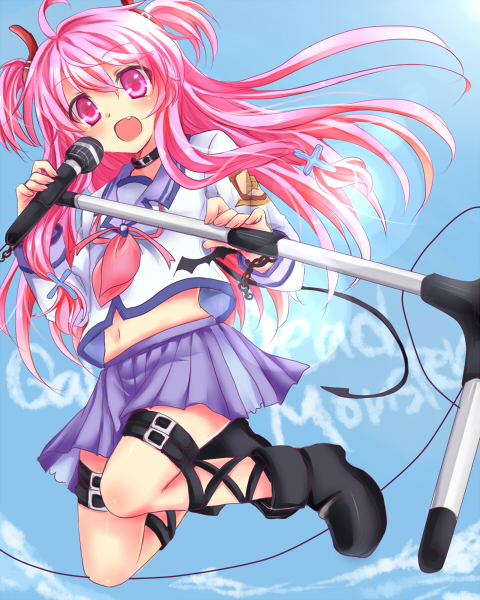 ankle_lace-up, boots, choker, cross-laced_footwear, fang, jumping, long_hair, microphone