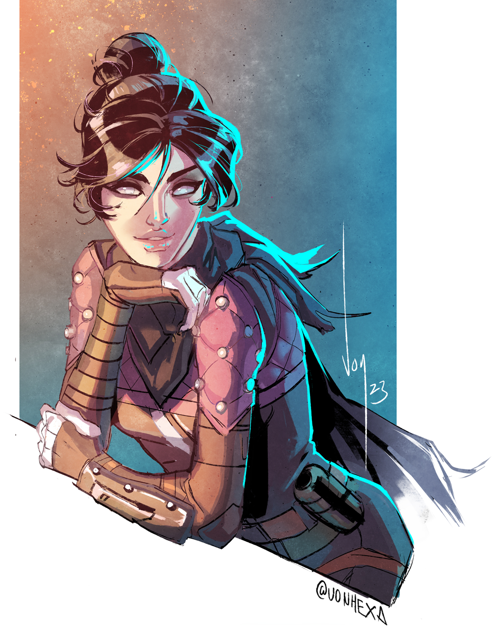 1girl, 2023, apex_legends, black_bodysuit, black_gloves, black_scarf, bodysuit, breasts