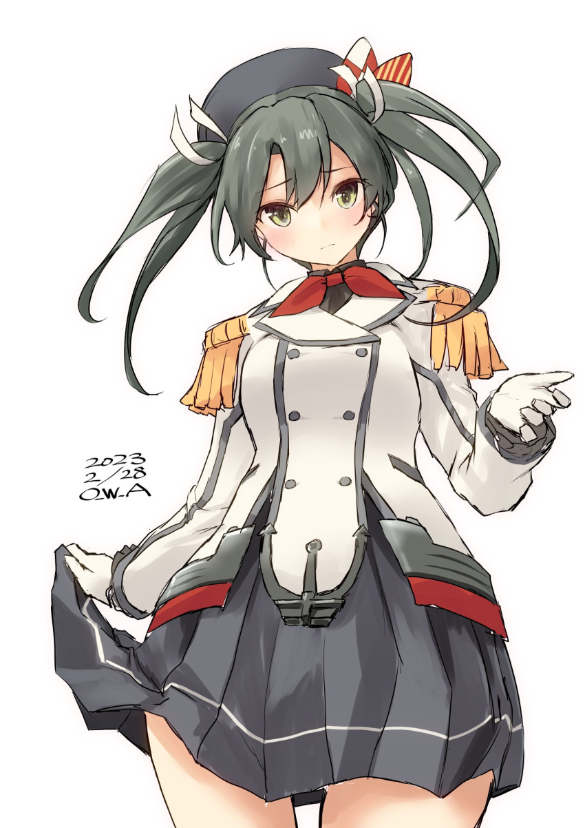 1girl, artist_name, beret, breasts, buttons, cosplay, cowboy_shot, dark_green_hair