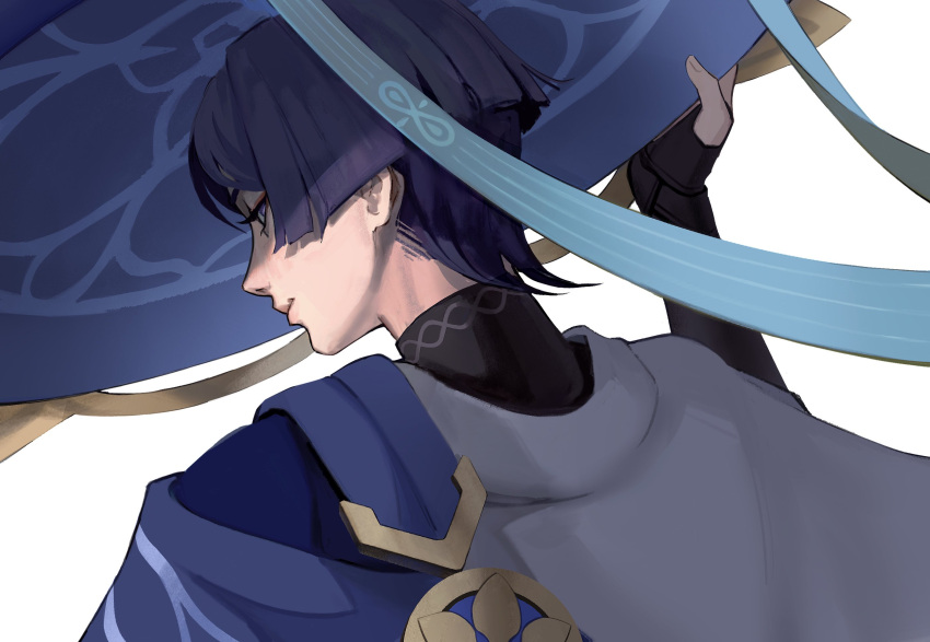 1boy, adjusting_clothes, adjusting_headwear, arm_up, armor, back, black_hair, black_shirt, blue_cape, blue_headwear, blue_ribbon, blue_vest, blunt_ends, bridal_gauntlets, cape, closed_mouth, genshin_impact, gold_trim, hakama, hakama_shorts, hat, highres, japanese_armor, japanese_clothes, jingasa, kudsnk, looking_down, male_focus, mandarin_collar, ribbon, scaramouche_(genshin_impact), shirt, short_hair, shorts, simple_background, solo, two-tone_vest, vest, wanderer_(genshin_impact), white_background, white_vest