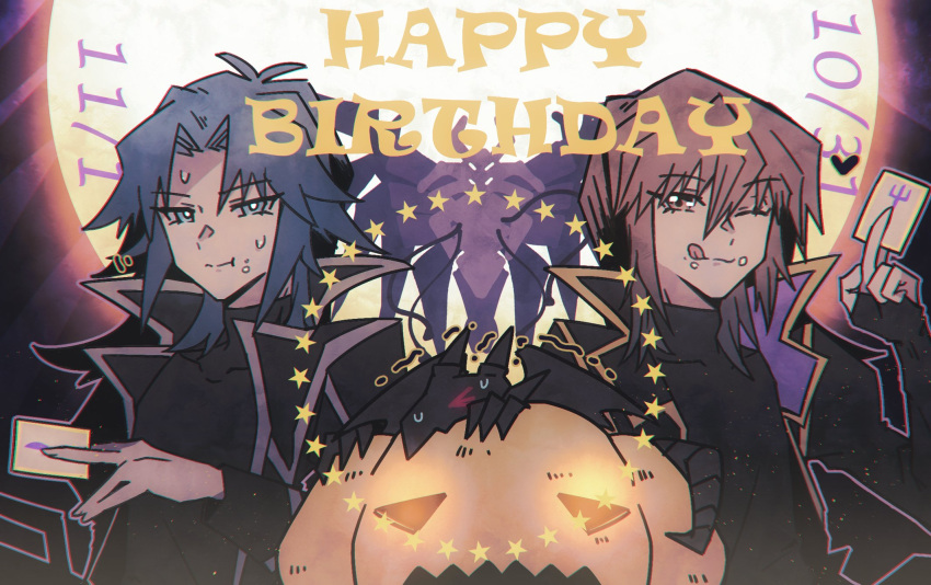 2boys, :q, bangs, brown_hair, card, cheek_bulge, coat, eating