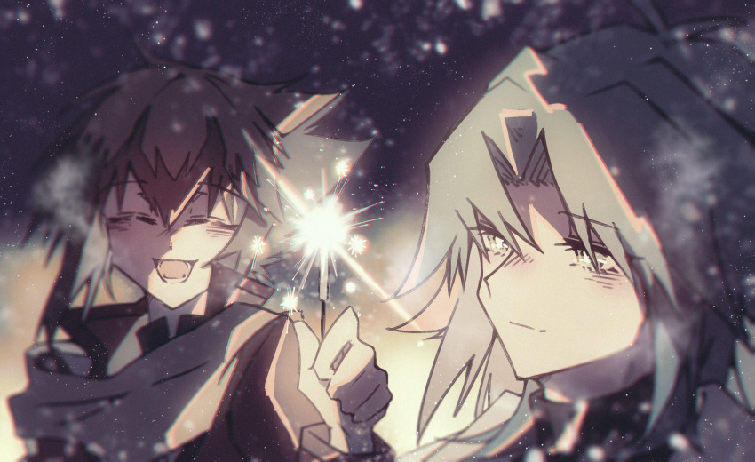 2boys, bangs, blush, duel_academy_uniform_(yu-gi-oh!_gx), firecrackers, hair_between_eyes, happy, highres