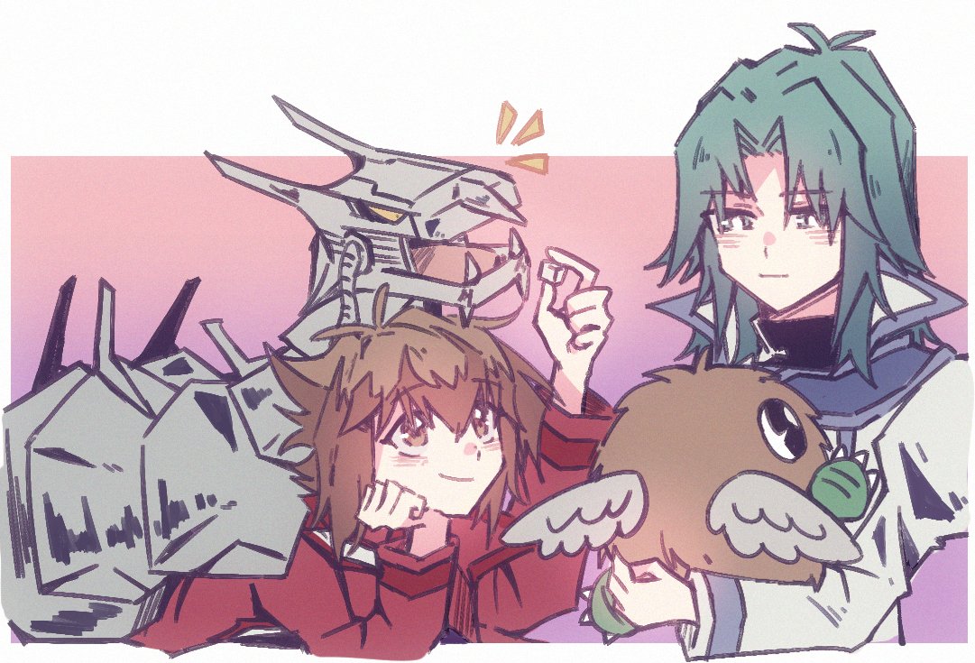 2boys, bangs, blush, cyber_dragon, duel_academy_uniform_(yu-gi-oh!_gx), feeding, hair_between_eyes, holding
