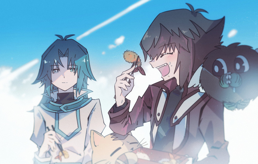 2boys, ^_^, bangs, blush, cat, chopsticks, closed_eyes, eating