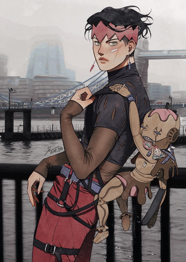 1boy, 1other, belt, black_hair, bridge, cheap_trick_(stand), commentary_request, diamond_wa_kudakenai
