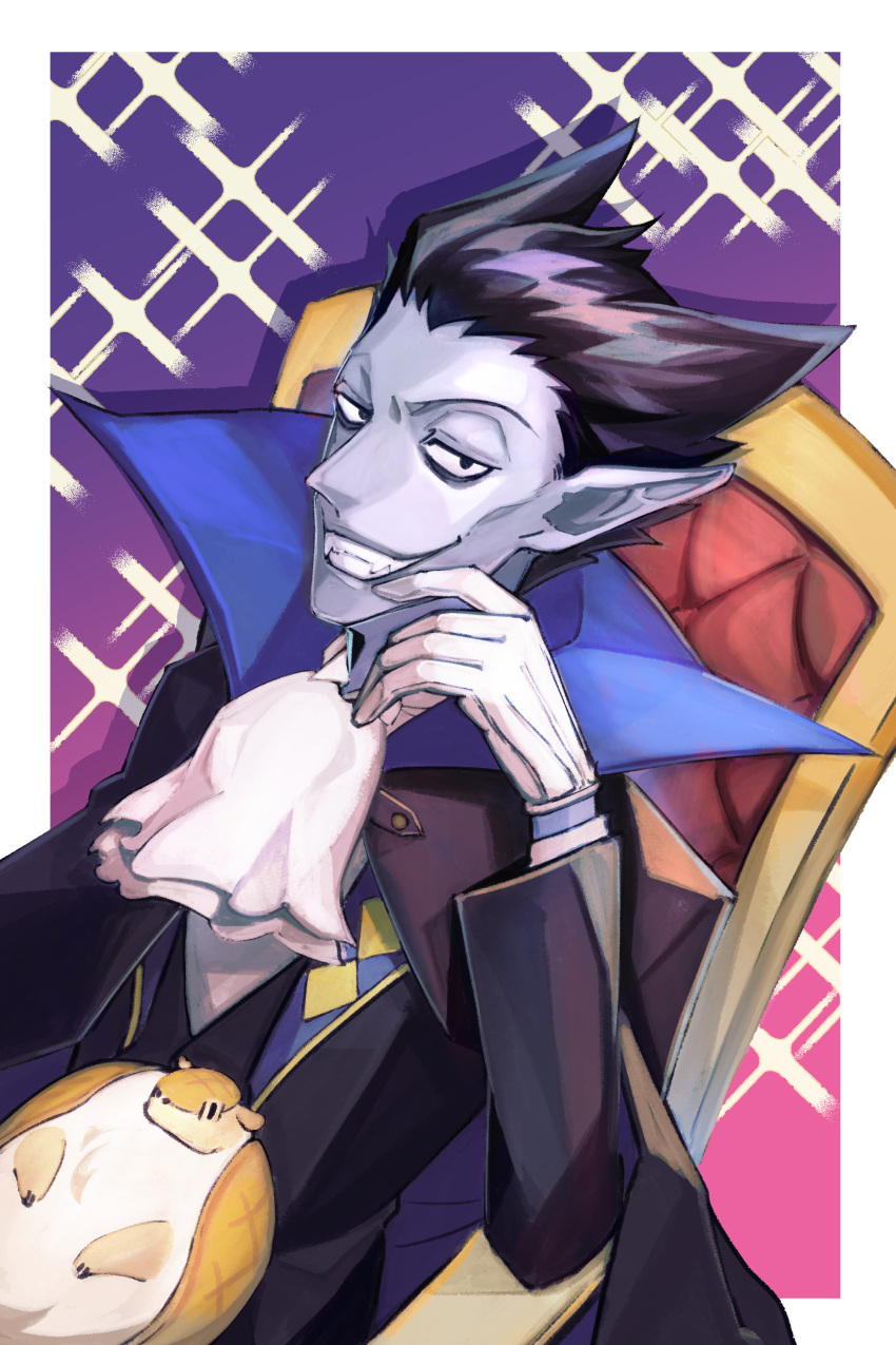 2boys, absurdres, armadillo, ascot, azumasouya, black_cape, black_hair, cape, chair, colored_skin, draluc_(kyuuketsuki_sugu_shinu), fangs, gloves, grey_skin, grin, highres, john_(kyuuketsuki_sugu_shinu), kyuuketsuki_sugu_shinu, long_sleeves, male_focus, multiple_boys, pointy_ears, sitting, smile, sparkle, spiky_hair, upper_body, vampire, white_gloves