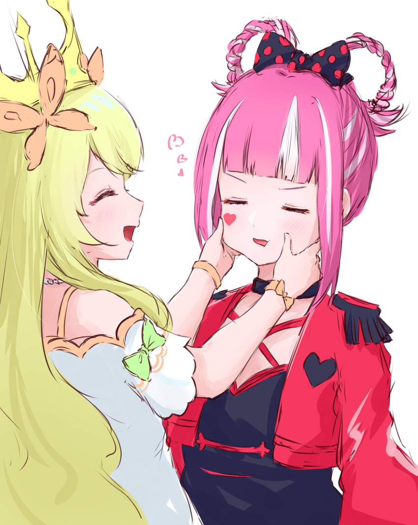 2girls, black_dress, blonde_hair, bow, butterfly_hair_ornament, celine_(fire_emblem), closed_eyes, crown
