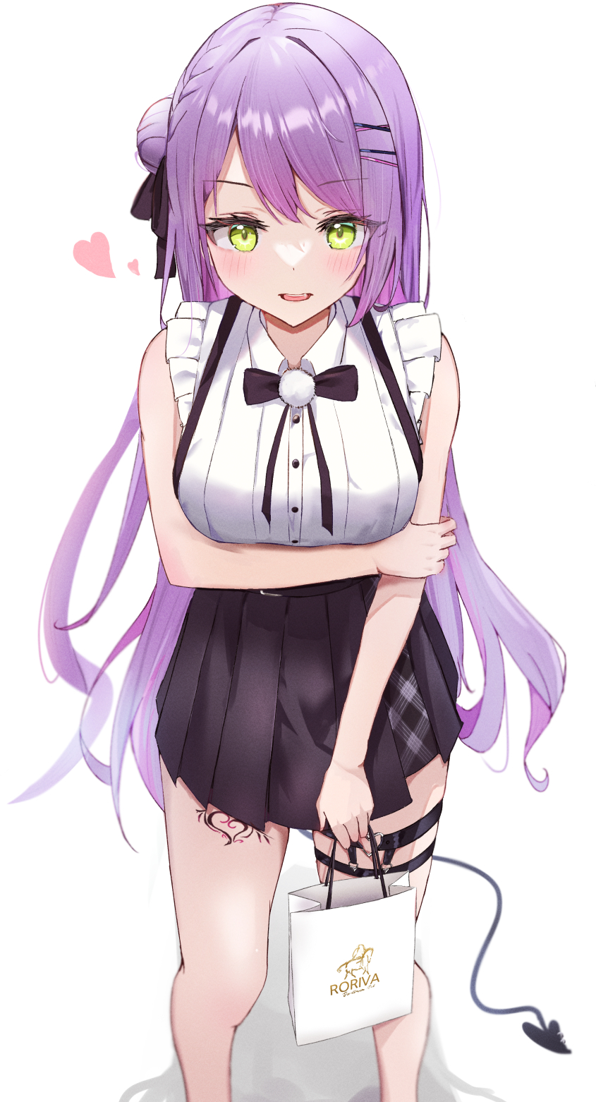 1girl, arm_under_breasts, bag, bangs, belt, black_ribbon, black_skirt, blush, breasts, commentary_request, demon_tail, facing_viewer, feet_out_of_frame, green_eyes, hair_bun, hair_ornament, hair_ribbon, hairclip, hand_on_own_elbow, heart, heart_tattoo, highres, hiragi_1014, holding, holding_bag, hololive, large_breasts, leg_tattoo, long_hair, looking_ahead, open_mouth, pleated_skirt, purple_hair, ribbon, shirt, shirt_tucked_in, simple_background, single_hair_bun, skirt, sleeveless, sleeveless_shirt, solo, standing, swept_bangs, tail, tattoo, teeth, thigh_strap, tokoyami_towa, tongue, upper_teeth_only, very_long_hair, virtual_youtuber, white_background, white_shirt