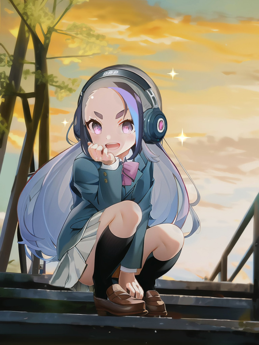 1girl, alternate_costume, black_socks, blue_hair, blue_jacket, blush, bow, bowtie