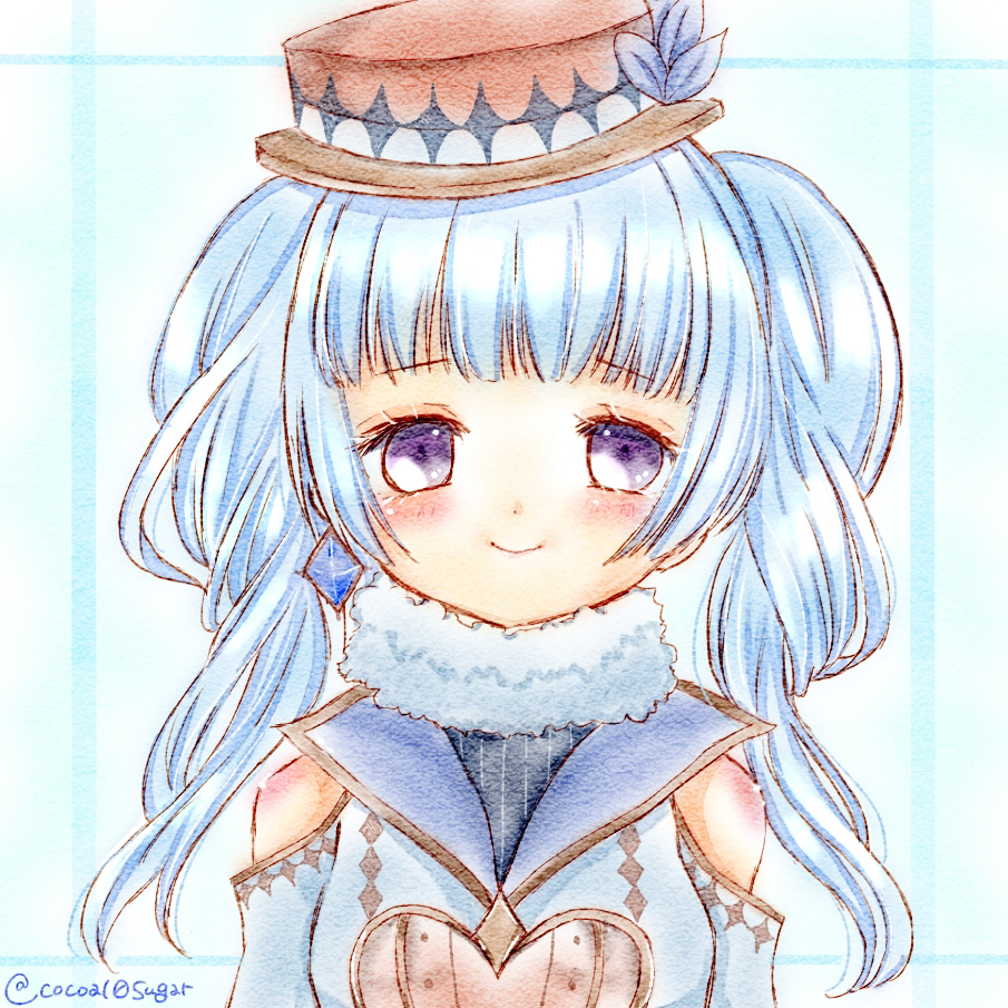 1girl, arms_at_sides, bangs, blue_background, blue_hair, blue_jacket, blunt_bangs, blush, brown_headwear, closed_mouth, clothing_cutout, dot_nose, fur_scarf, hat, jacket, kumi_seika, lapels, long_hair, looking_at_viewer, macaron_cocoa, magia_record:_mahou_shoujo_madoka_magica_gaiden, mahou_shoujo_madoka_magica, portrait, scarf, shoulder_cutout, simple_background, smile, solo, straight-on, top_hat, twintails, twitter_username, violet_eyes, white_scarf