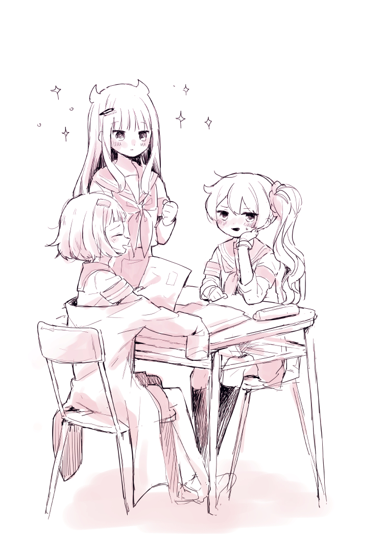 3girls, :d, arm_rest, armband, bangs, blunt_bangs, blush, bracelet