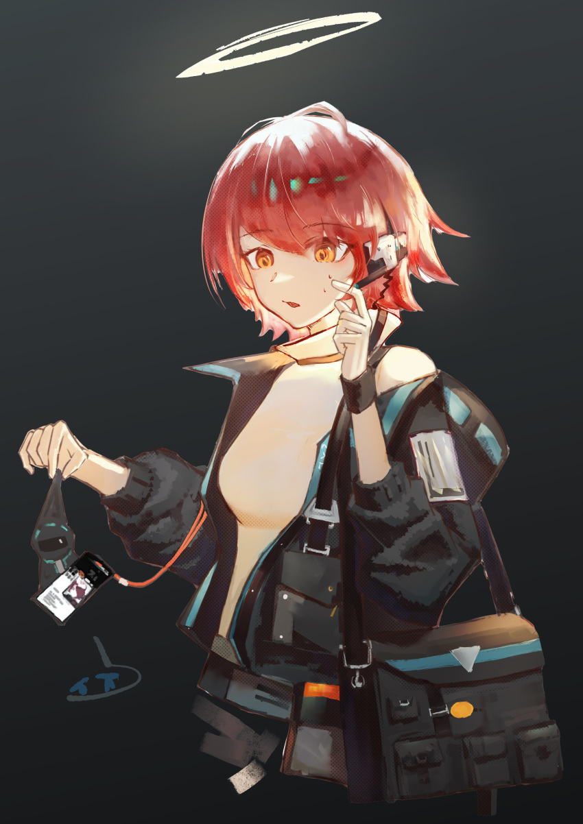 1girl, 1other, :o, absurdres, arknights, bag, black_background, black_jacket