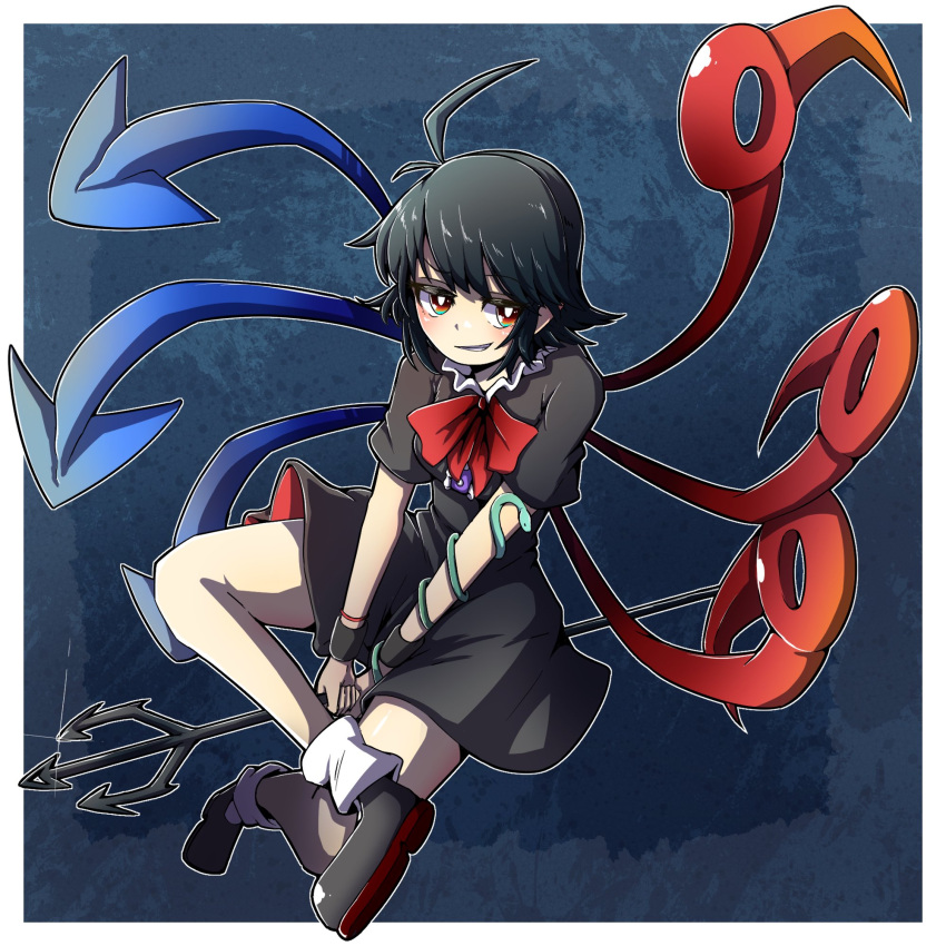1girl, ahoge, asymmetrical_wings, bangs, black_dress, black_footwear, black_hair, blue_wings