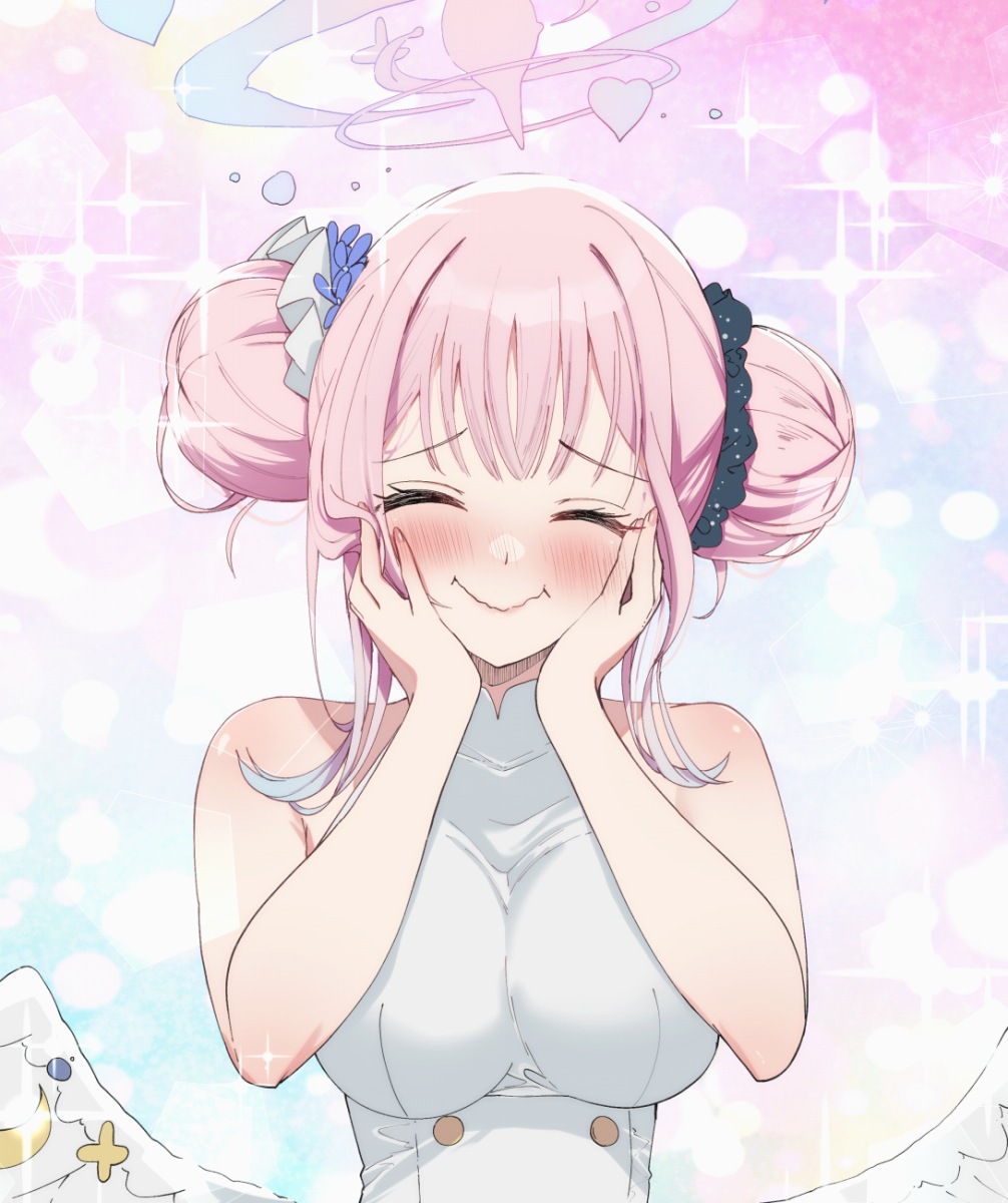 1girl, angel_wings, bangs, bare_shoulders, black_scrunchie, blue_archive, blue_flower, blush