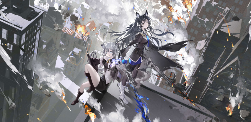 2girls, absurdres, animal_ears, arknights, bangs, black_cape, black_coat, black_footwear, black_gloves, black_hair, black_pantyhose, black_vest, blue_eyes, blue_fire, blue_gloves, blue_necktie, blue_shorts, boots, brown_eyes, building, cape, city, closed_mouth, coat, destruction, explosion, fire, from_above, gloves, grey_hair, highres, holding, holding_sword, holding_weapon, huishazi, lappland_(arknights), lappland_(refined_horrormare)_(arknights), long_hair, long_sleeves, looking_at_viewer, multiple_girls, necktie, official_alternate_costume, on_roof, open_clothes, open_coat, outdoors, pantyhose, pantyhose_under_shorts, scar, scar_across_eye, shirt, shorts, skyscraper, smile, smoke, sword, texas_(arknights), texas_the_omertosa_(arknights), torn_cape, torn_clothes, vest, weapon, white_footwear, white_shirt, white_vest, wide_shot, wolf_ears, wolf_girl