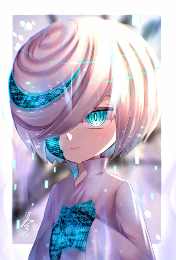 1girl, blue_eyes, cang_she, closed_mouth, dress, hair_over_one_eye, light_persona, looking_at_viewer