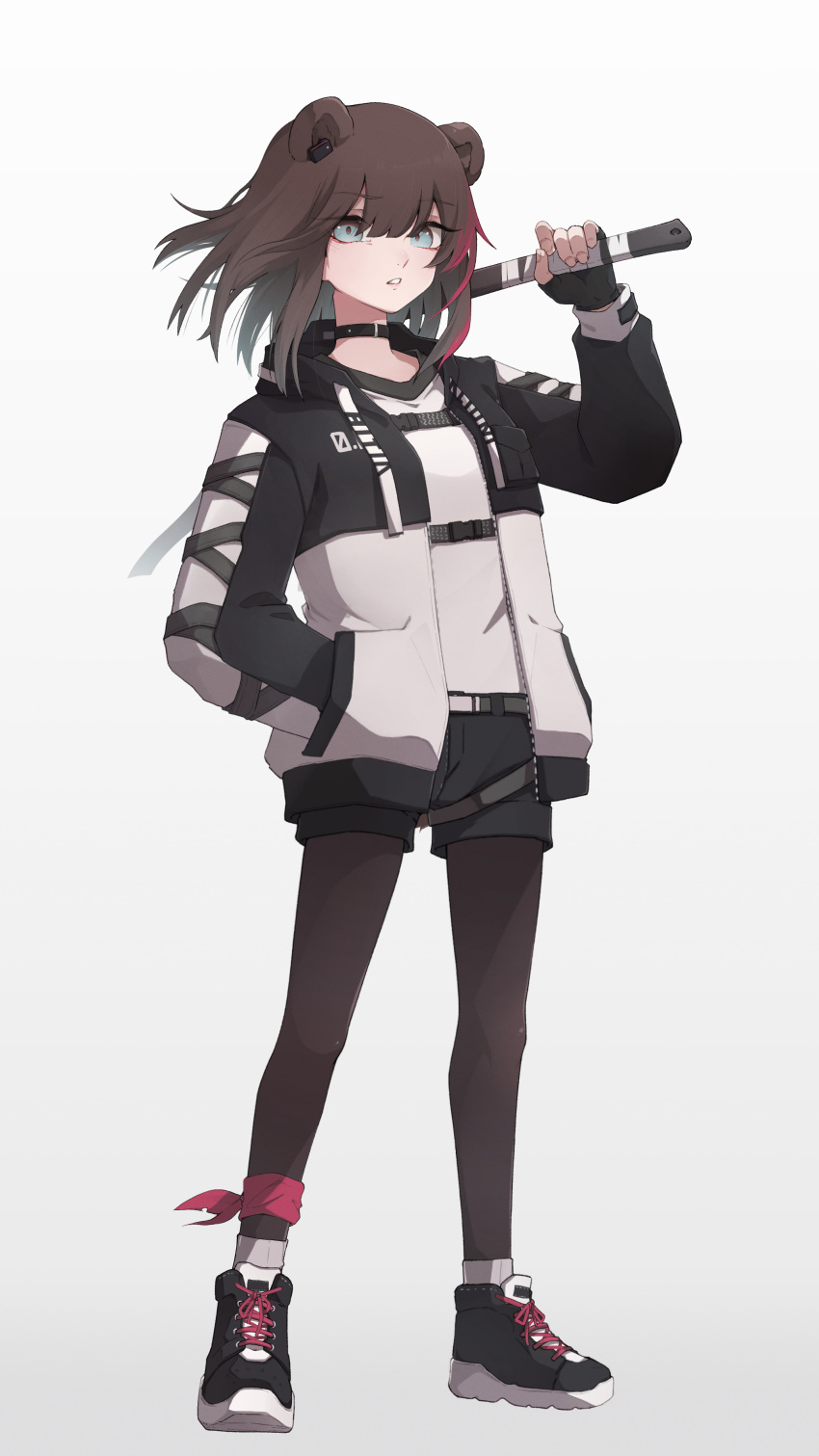 1girl, absurdres, alternate_costume, animal_ears, arknights, bear_ears, black_footwear, black_gloves, black_jacket, black_pantyhose, black_shorts, blue_eyes, brown_hair, fingerless_gloves, full_body, gloves, hand_in_pocket, highres, holding, holding_sword, holding_weapon, if_f, jacket, long_hair, long_sleeves, looking_at_viewer, multicolored_clothes, multicolored_hair, multicolored_jacket, open_clothes, open_jacket, pantyhose, parted_lips, shoes, shorts, simple_background, sneakers, solo, standing, streaked_hair, sword, two-tone_hair, two-tone_jacket, weapon, white_background, white_jacket, zima_(arknights)