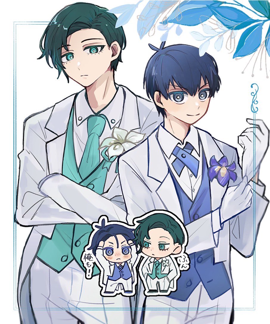 2boys, aqua_necktie, aqua_vest, bangs, blue_eyes, blue_hair, blue_lock, blue_vest, boutonniere, bright_pupils, chibi, closed_mouth, collared_shirt, commentary_request, crossed_arms, flower, formal, glove_pull, gloves, green_eyes, green_hair, isagi_yoichi, itoshi_rin, jacket, l2blq1, long_sleeves, looking_at_viewer, male_focus, multiple_boys, necktie, pants, purple_flower, shirt, short_hair, simple_background, smile, standing, suit, suit_jacket, vest, white_background, white_flower, white_gloves, white_jacket, white_pants, white_pupils, white_suit