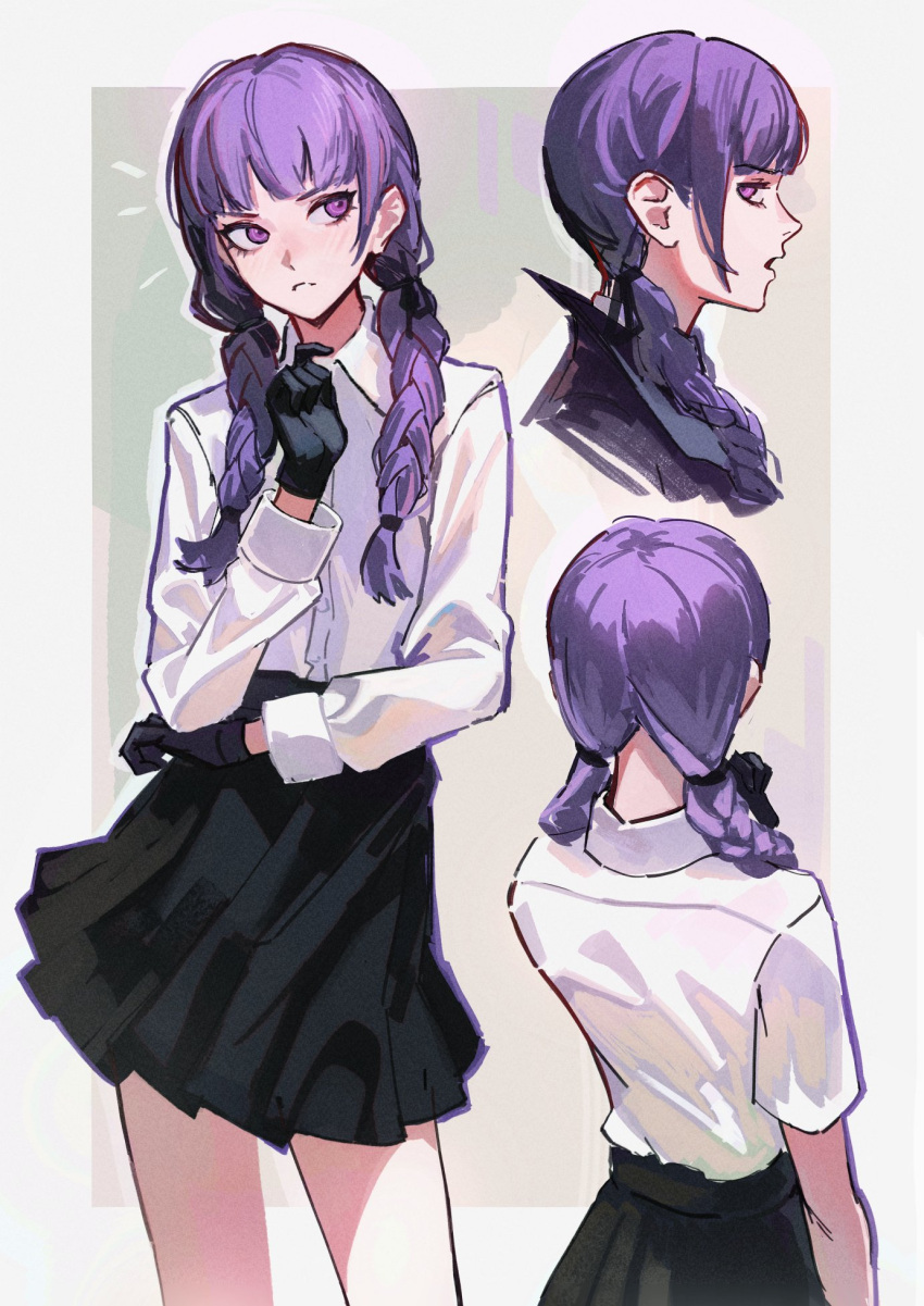 1girl, back, bangs, black_gloves, black_skirt, blunt_bangs, braid, collared_shirt