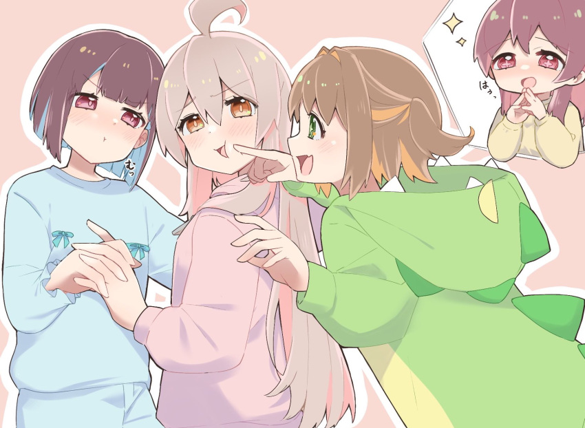 +_+, 4girls, :d, :t, ahoge, blonde_hair, blue_hair, brown_hair