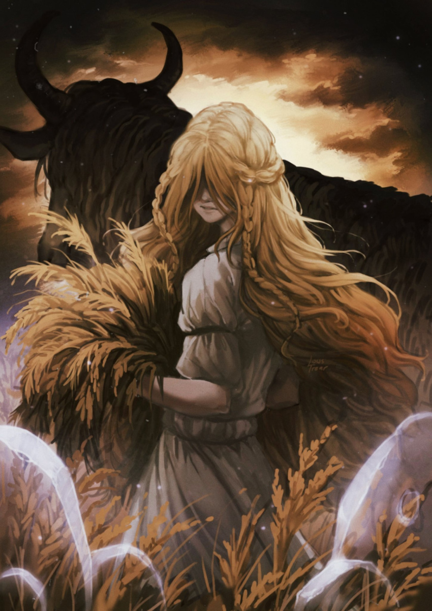 1boy, animal, blonde_hair, braid, braided_sidelock, child, crown_braid, dress