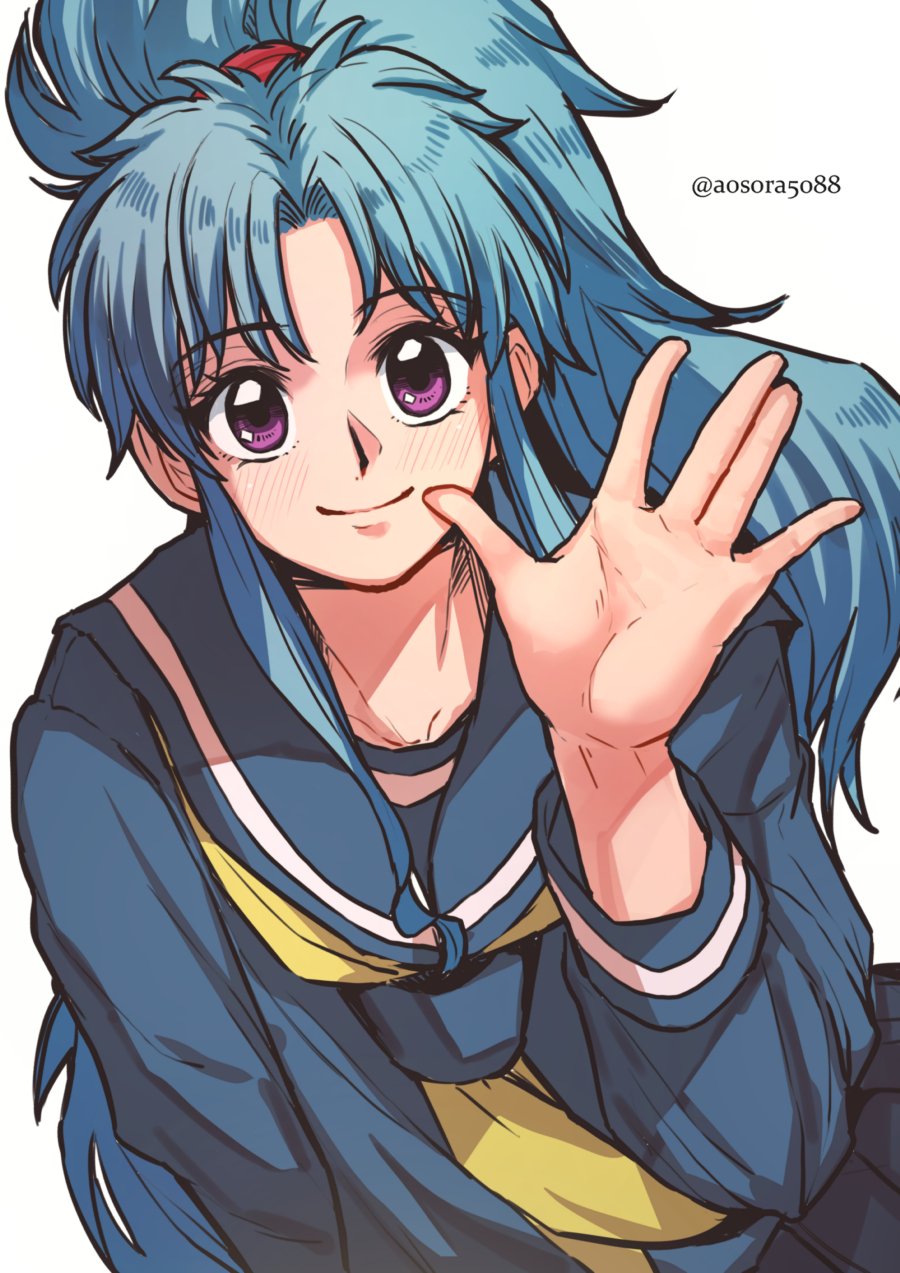 1girl, aosora2823, blue_hair, blue_sailor_collar, blue_serafuku, blush, botan_(yu_yu_hakusho), highres, long_hair, long_sleeves, looking_at_viewer, neckerchief, ponytail, sailor_collar, sarayashiki_junior_high_school_uniform, school_uniform, serafuku, simple_background, smile, solo, violet_eyes, white_background, yellow_neckerchief, yu_yu_hakusho