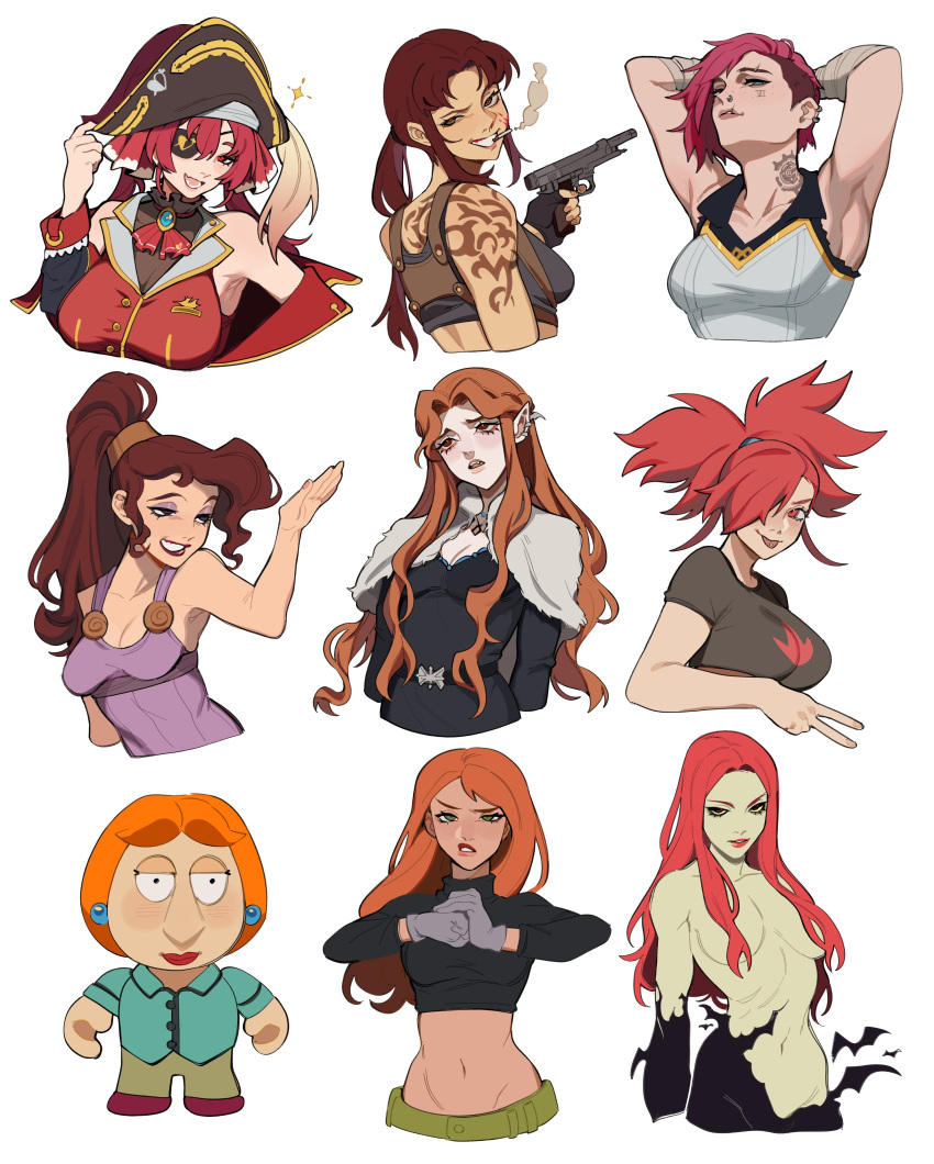 absurdres, arcane:_league_of_legends, black_lagoon, castlevania, devil_may_cry_(series), gun, highres, kim_possible, league_of_legends, muscular, muscular_female, navel, pokemon, porqueloin, redhead, revy_(black_lagoon), tato, vi_(league_of_legends), weapon
