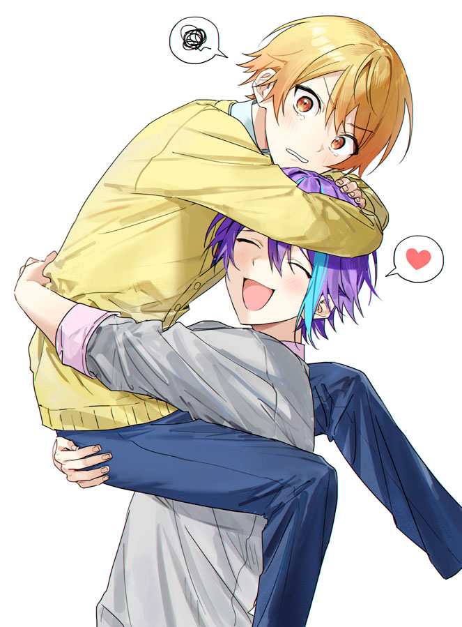 2boys, :d, ^_^, bangs, blonde_hair, blue_hair, blue_pants, blush