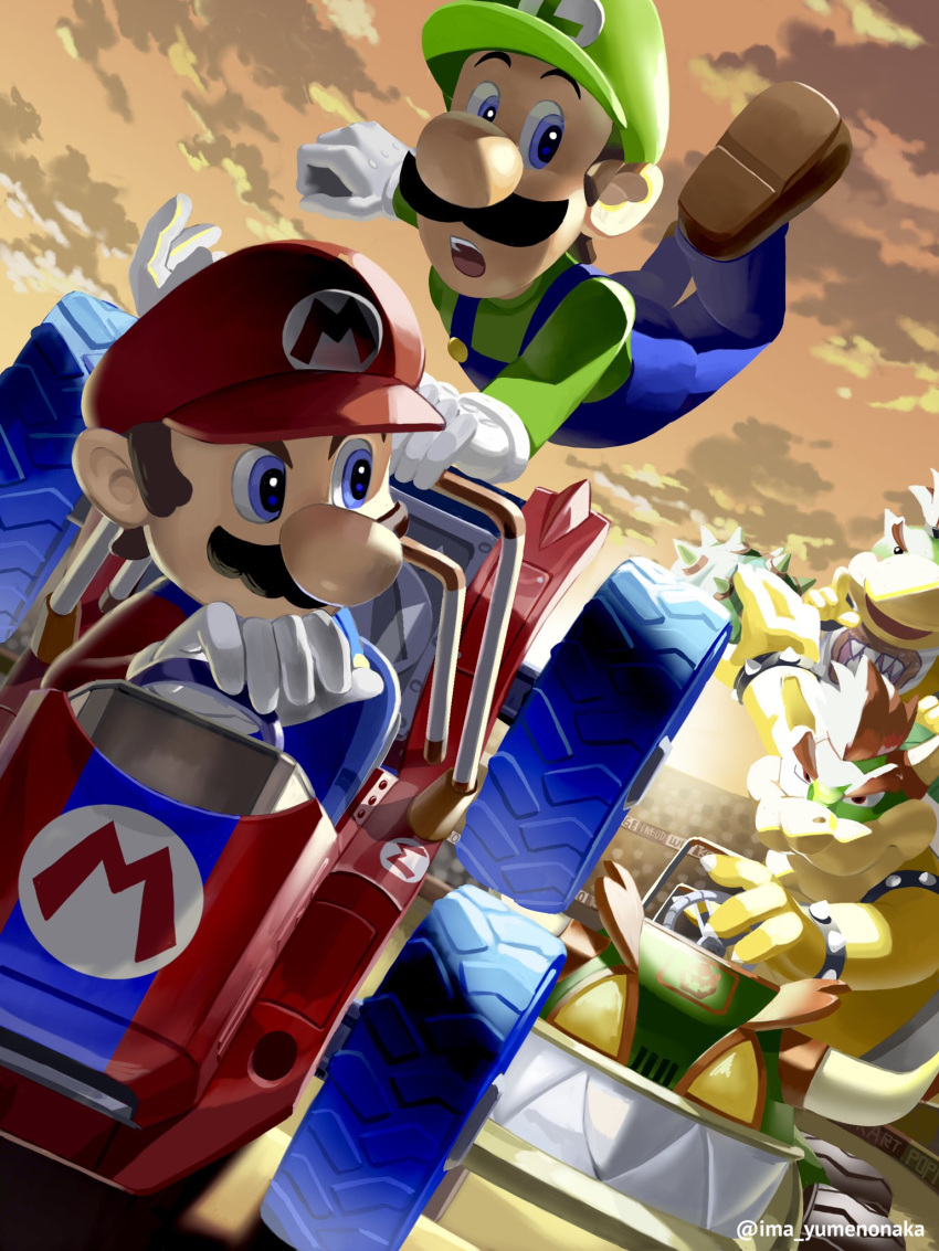 4boys, arm_up, armlet, artist_name, blue_eyes, blue_overalls, bowser, bowser_jr.