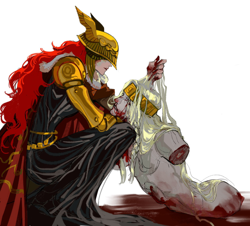 1boy, 1girl, amputee, blood, blood_from_mouth, blood_on_face, blood_on_ground, blood_on_hands, crown, domination, elden_ring, godrick_the_grafted, grabbing_another's_hair, guro, helmet, highres, long_hair, malenia_blade_of_miquella, nude, prosthesis, prosthetic_arm, quadruple_amputee, raylia0808, redhead, simple_background, squatting, white_background, white_hair, winged_helmet