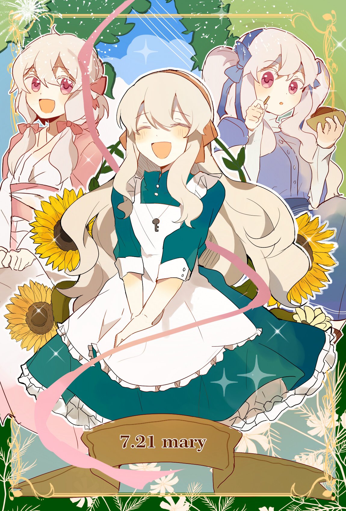1girl, :d, ^_^, alternate_costume, alternate_hairstyle, apron, bangs, blue_bow, blue_dress, blue_hairband, blue_ribbon, blue_sky, blush, bow, brown_hairband, brown_ribbon, buttons, character_name, closed_eyes, collared_dress, colored_eyelashes, commentary, cropped_legs, dated, day, dot_nose, dress, facing_viewer, fireworks, floral_background, flower, foliage, framed, frilled_apron, frills, hair_between_eyes, hair_bow, hair_over_shoulder, hair_ribbon, hairband, happy, highres, holding, japanese_clothes, jewelry, kagerou_project, key_necklace, kimono, kozakura_marry, leaf, leaf_background, long_hair, long_sleeves, looking_at_viewer, looking_to_the_side, low_twintails, mekakucity_actors, multicolored_background, multiple_persona, necklace, obi, object_request, open_mouth, otorigg, outdoors, outline, parted_lips, petticoat, pink_bow, pink_eyes, pink_kimono, pink_sash, ribbon, sash, sky, sleeves_past_elbows, smile, sparkle, sunflower, twintails, upper_body, v_arms, very_long_hair, wavy_hair, white_apron, white_hair, white_outline, yellow_flower