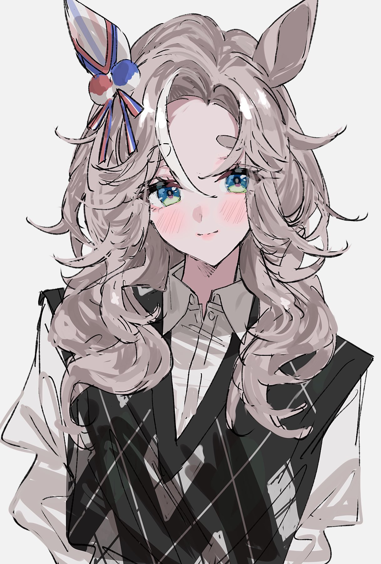 1girl, alternate_costume, animal_ears, argyle_vest, black_hair, blush, closed_mouth, commentary