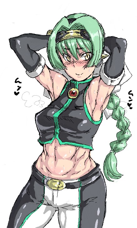 armpits, blush, braid, elbow_gloves, gloves, green_hair, long_hair, marion_(shinrabanshou)