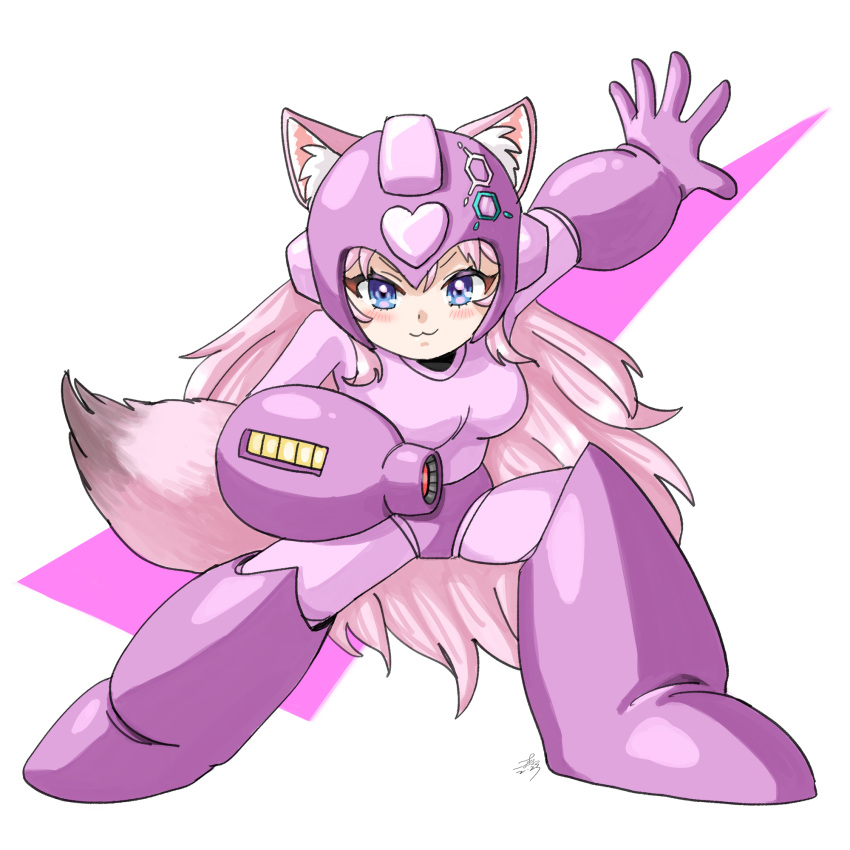 1girl, :3, adapted_costume, animal_ears, arm_cannon, blue_eyes, breasts, commentary_request