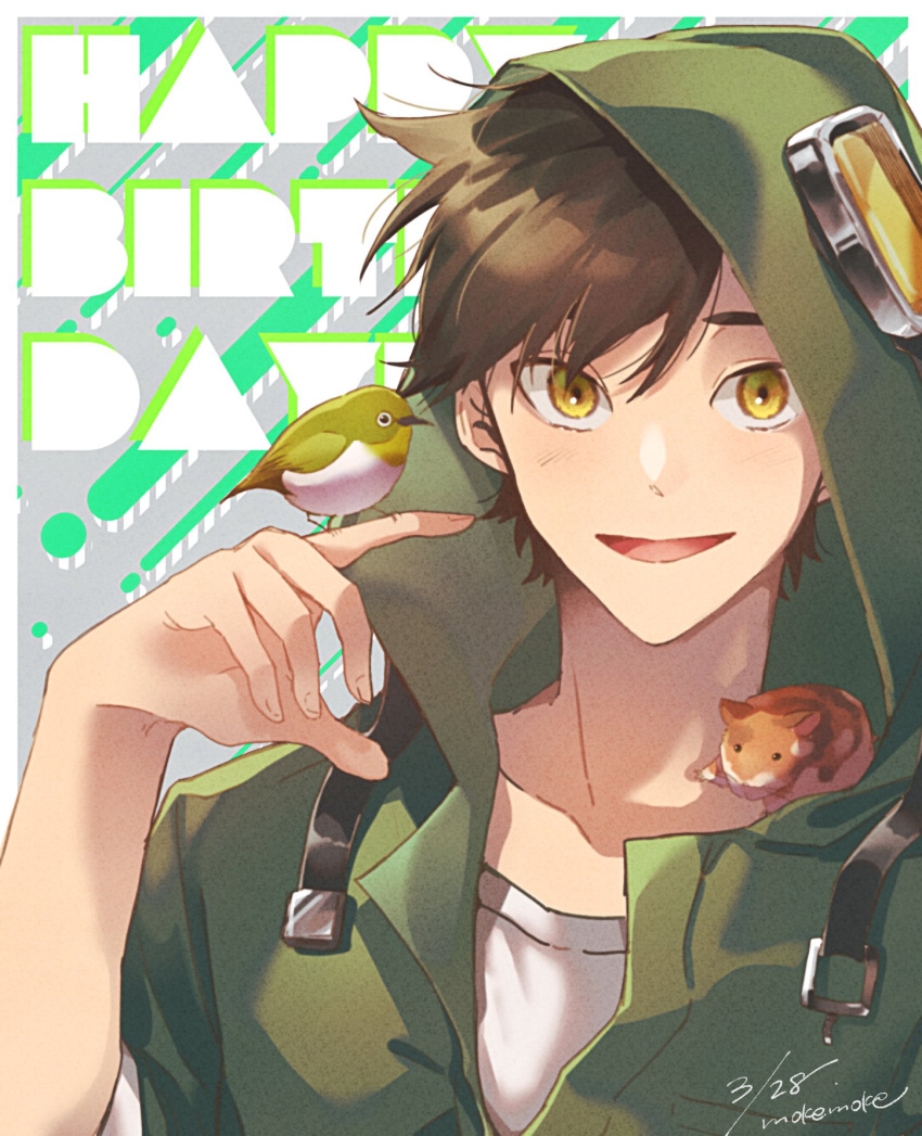 1boy, animal, animal_on_finger, animal_on_hand, animal_on_shoulder, artist_name, bangs, bird
