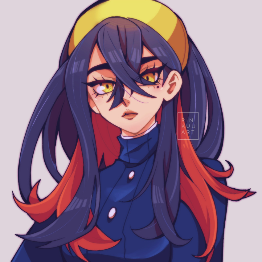1girl, bangs, black_hair, buttons, carmine_(pokemon), colored_inner_hair, crossed_bangs, eyelashes