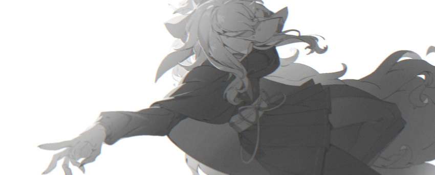 1girl, arm_behind_head, arm_up, bangs, blank_(935115), blurry, bow, cloak