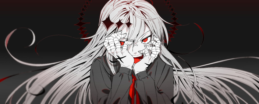 1girl, angry, bandaged_fingers, bandages, bangs, black_background, blank_(935115), blurry