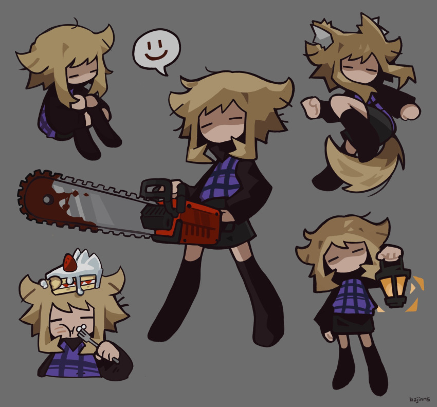 1girl, animal_ears, bajinns, black_skirt, black_socks, blonde_hair, blood, blood_on_weapon, cake, cake_slice, chainsaw, closed_eyes, food, food_on_face, fork, grey_background, highres, holding, holding_fork, lamp, plaid, plaid_sweater, purple_sweater, short_hair, skirt, smile, socks, solo, sweater, turtleneck, turtleneck_sweater, urotsuki, weapon, wolf_ears, yume_2kki