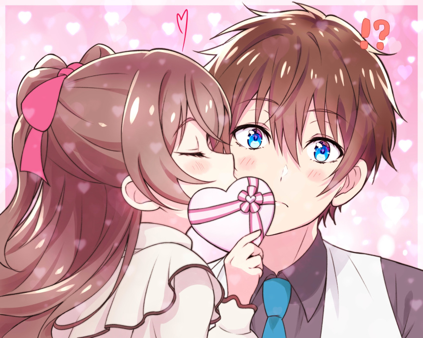 !?, 1boy, 1girl, bangs, black_hair, blue_eyes, blue_necktie, box, brown_hair, closed_eyes, closed_mouth, commentary, delicious_party_precure, dress_shirt, frown, gift, heart, heart-shaped_box, hetero, highres, holding, holding_gift, kiss, kissing_cheek, kyoutsuugengo, long_hair, long_sleeves, looking_at_viewer, nagomi_yui, necktie, precure, red_ribbon, ribbon, shinada_takumi, shirt, short_hair, two_side_up, valentine, vest, white_shirt, white_vest, wing_collar