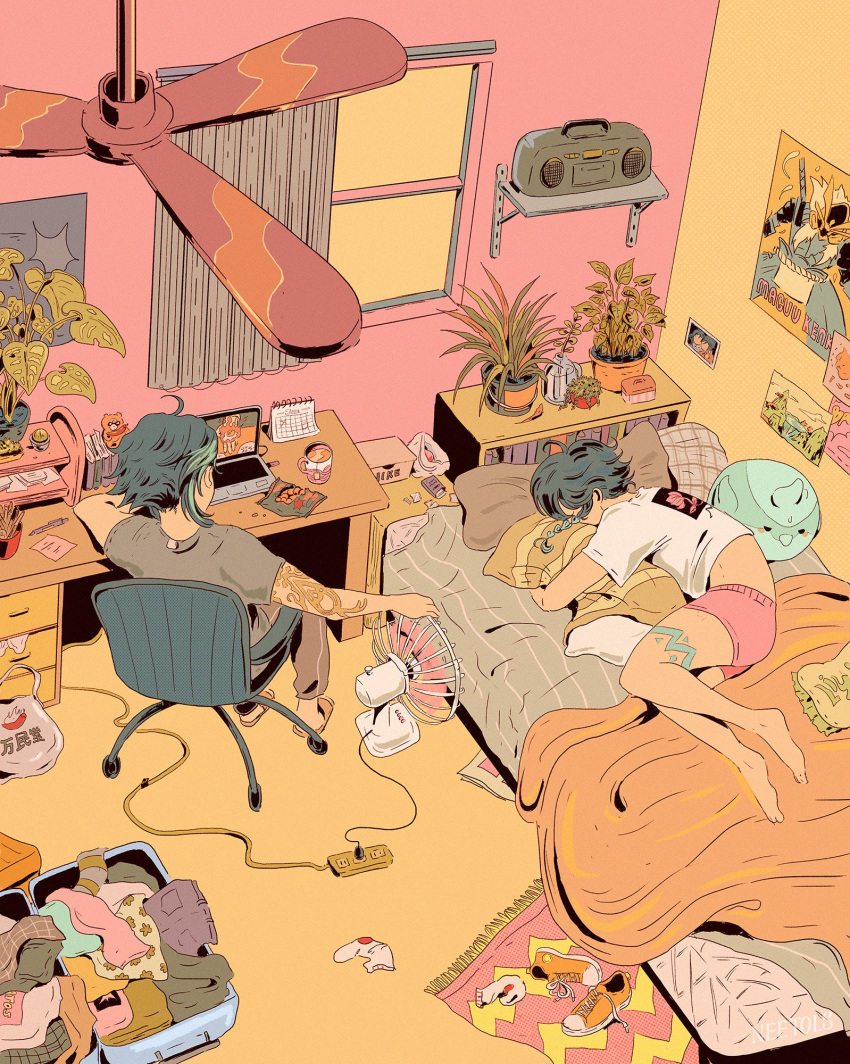 2boys, bed, black_hair, blue_hair, braid, ceiling_fan, curtains, facing_away, full_body, genshin_impact, green_hair, highres, lying, male_focus, multicolored_hair, multiple_boys, neetols, pillow, plant, short_hair, sitting, twin_braids, venti_(genshin_impact), window, xiao_(genshin_impact)