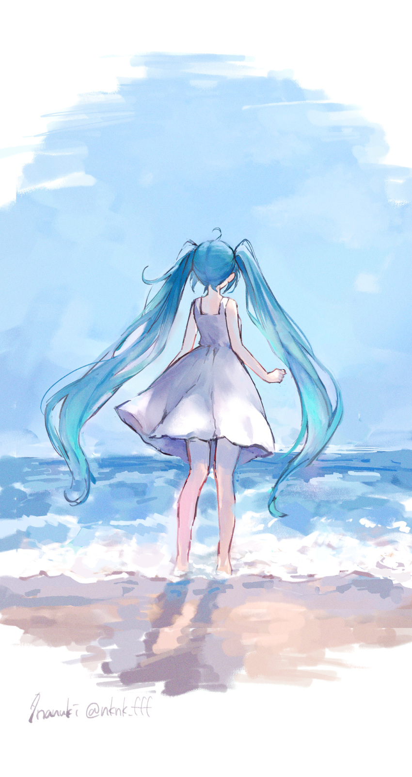 1girl, absurdres, ahoge, bare_arms, bare_legs, blue_sky, commentary_request, dress