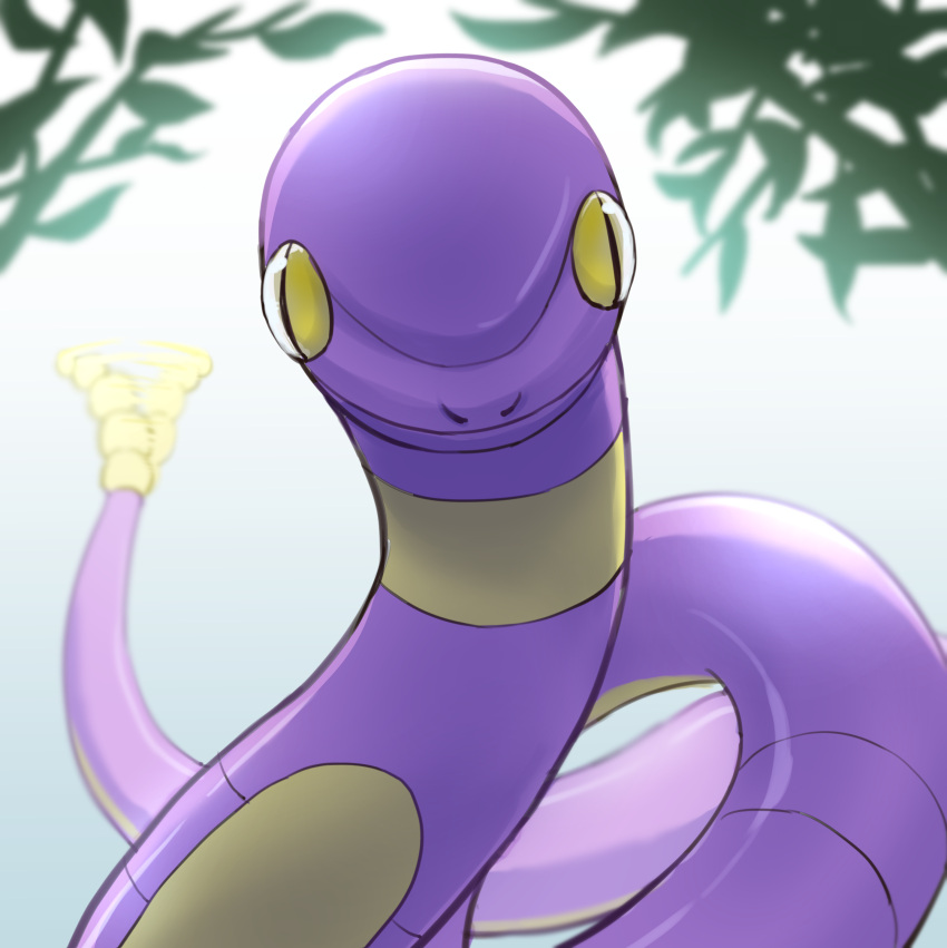 absurdres, blurry, closed_mouth, commentary_request, ekans, highres, looking_at_viewer, motion_blur, no_humans, pokemon, pokemon_(creature), smile, snake, solo, tail, tail_wagging, tkc_(user_snjd8547), yellow_eyes