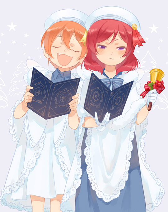 2girls, :<, angel_wings, bangs, bell, beret, blue_bow, blue_bowtie, blue_dress, blush, book, bow, bowtie, capelet, closed_eyes, closed_mouth, commentary, dress, english_commentary, eyebrows_hidden_by_hair, fake_wings, fang, feet_out_of_frame, fur-trimmed_capelet, fur_trim, gloves, grey_background, hair_between_eyes, half-closed_eyes, handbell, hands_up, hat, holding, holding_bell, holding_book, hoshizora_rin, instrument, lace_trim, leaning_to_the_side, light_frown, long_dress, looking_at_viewer, love_live!, love_live!_school_idol_festival, love_live!_school_idol_project, loveariddle, medium_hair, multiple_girls, music, narrowed_eyes, nishikino_maki, nose, open_mouth, orange_hair, playing_instrument, red_bow, redhead, robe, short_hair, side-by-side, singing, standing, starry_background, straight-on, striped, striped_bow, striped_bowtie, swept_bangs, u_u, violet_eyes, w_arms, white_capelet, white_gloves, white_headwear, white_robe, white_wings, wing_collar, wings