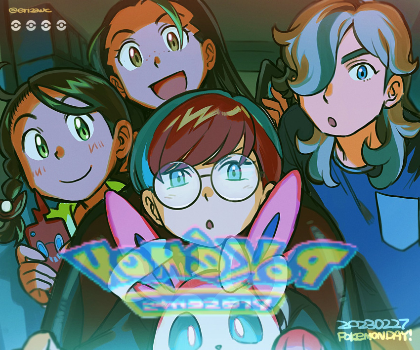 1boy, 3girls, :d, :o, alternate_costume, arven_(pokemon), bangs, blue_shirt