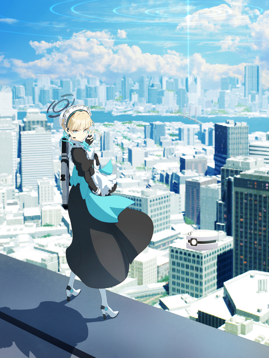 1girl, black_dress, blonde_hair, blue_archive, blue_eyes, blue_sky, building, city